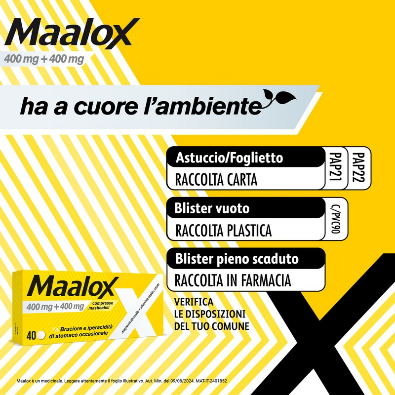 Maalox 400 mg + 400 mg - 40 Compresse Masticabili Contro Bruciore E Iperacidità Di Stomaco Occasionale