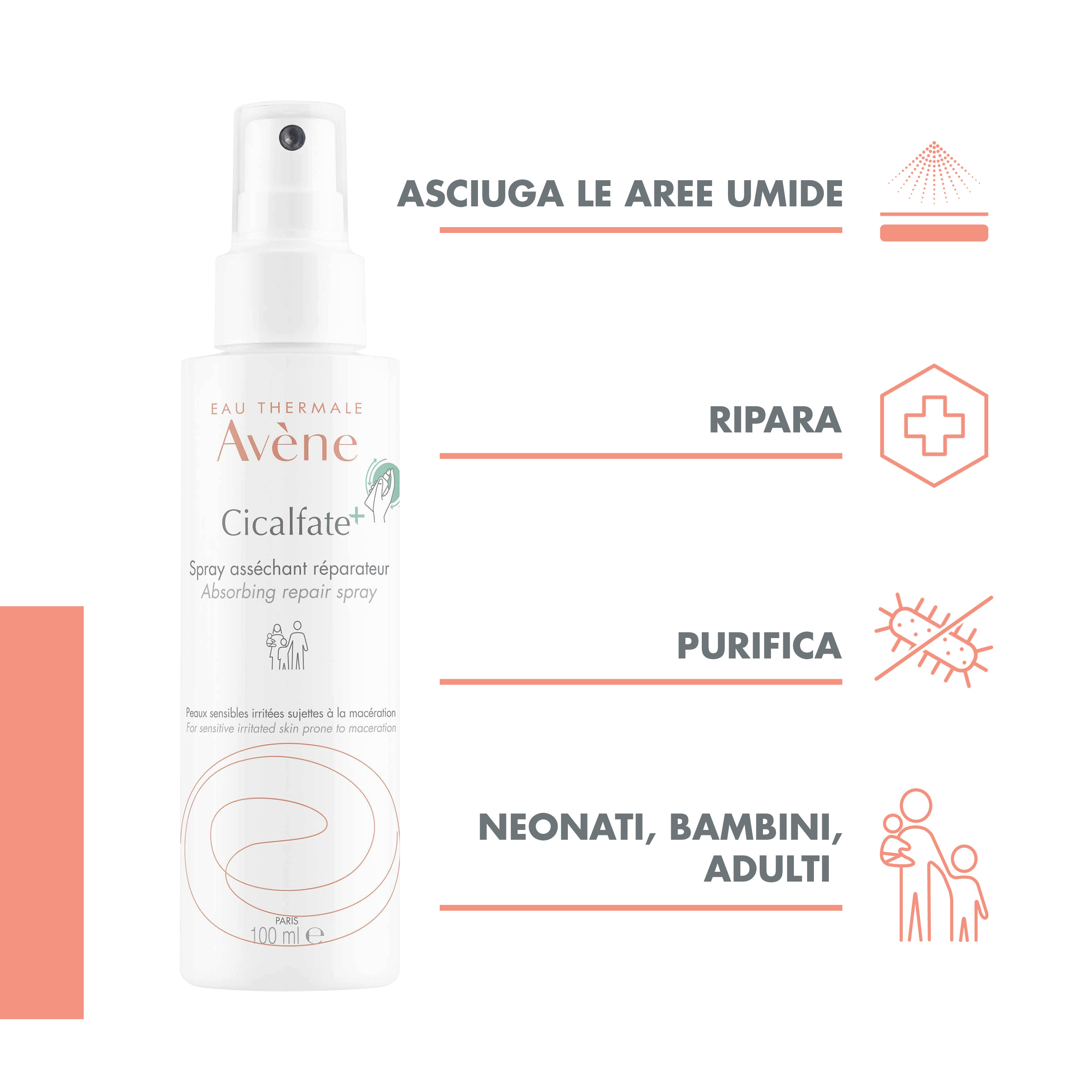 Eau Thermale Avène Cicalfate+ Spray Adsorbente Ristrutturante, ripara zone umide soggette a macerazione, con Rame e Zinco, Pelle fragilizzata, 100ml