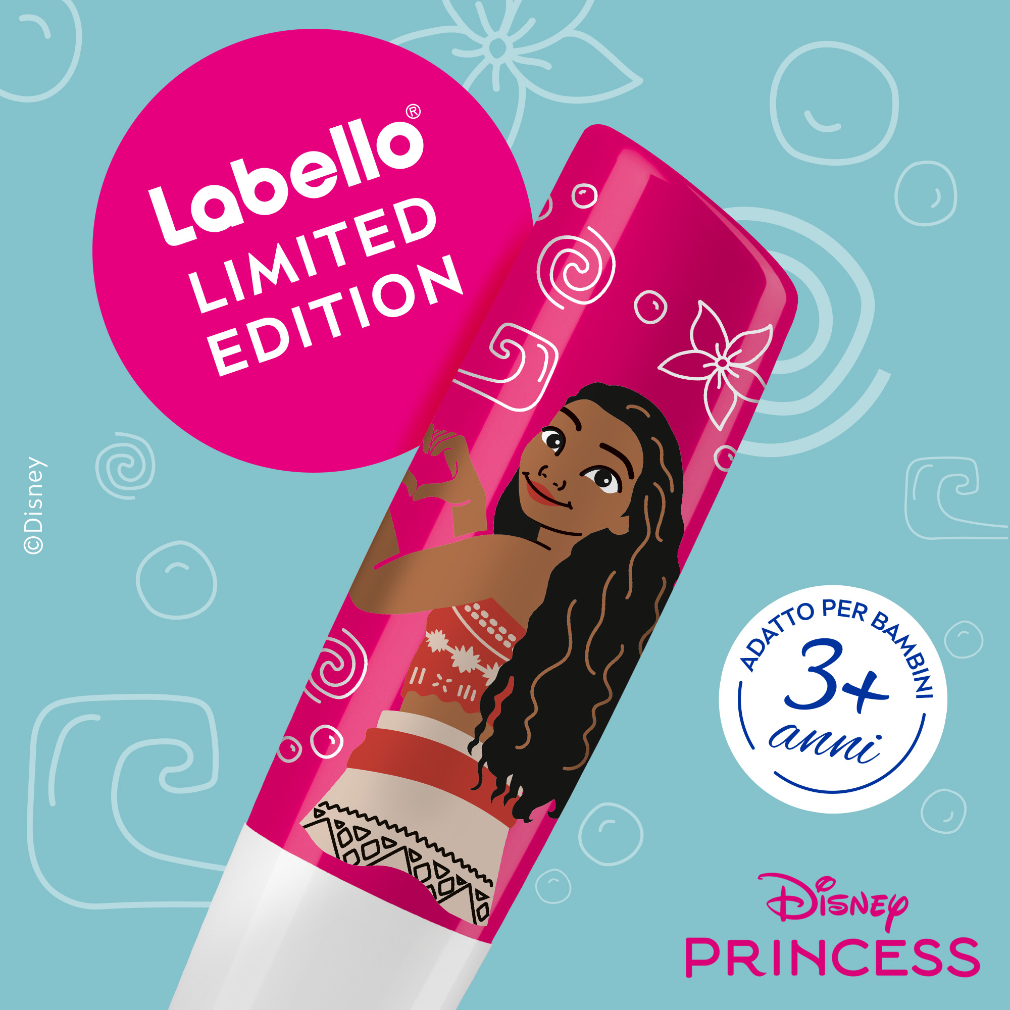 Labello Disney Princess Limited Edition - Vaiana di Oceania - Balsamo labbra colorato ad azione idratante prolungata, adatto dai 3 anni in su - Burrocacao aroma anguria, 4.8g